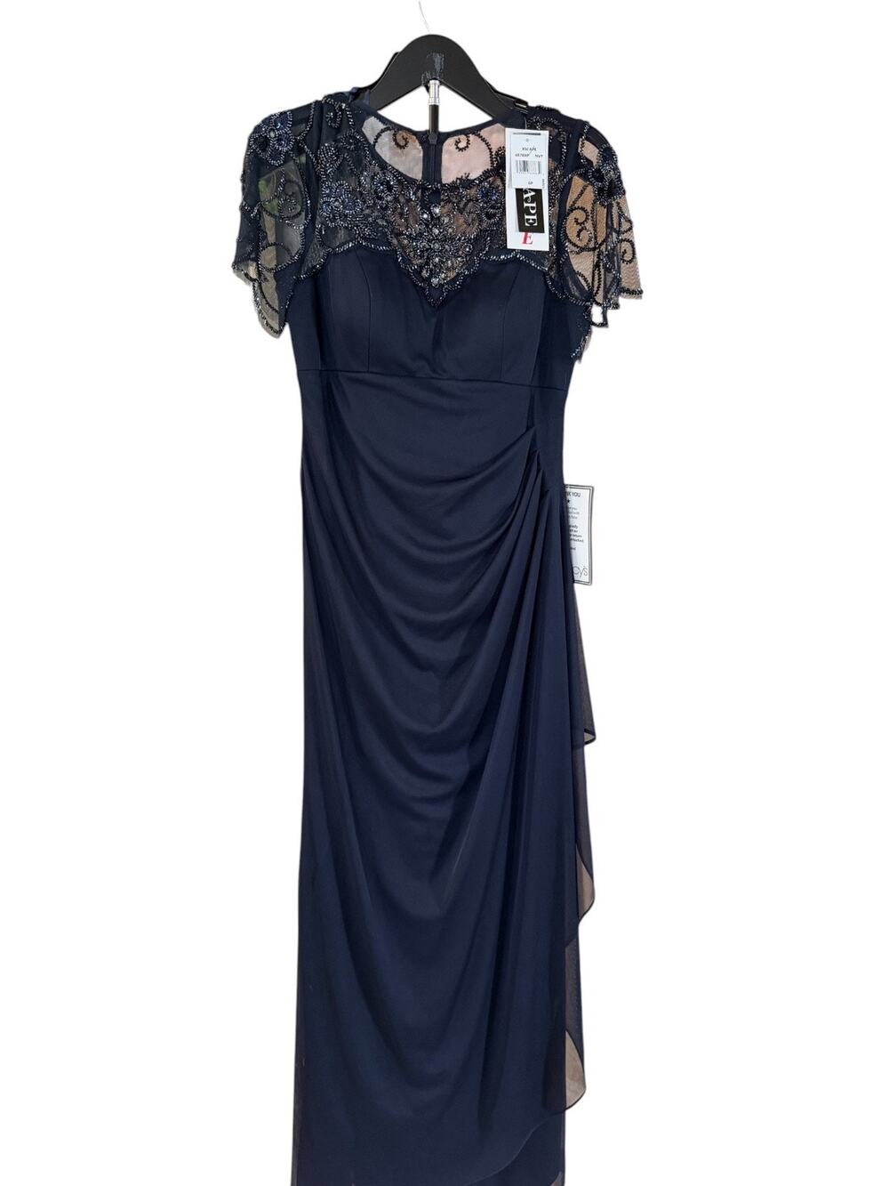 XSCAPE Navy Beaded Mesh Yoke Formal Gown Petite 6P 4878XP‎ Ruched Evening Dress